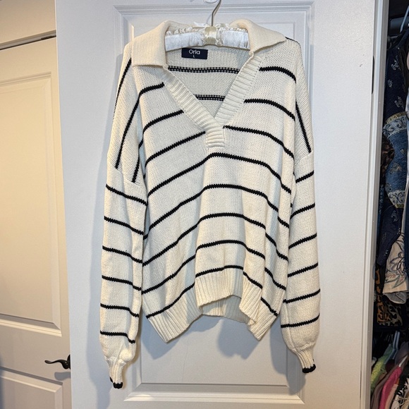 Orla Kiely Sweaters - Orla Kiely Cream V-Neck Sweater with Black Stripes